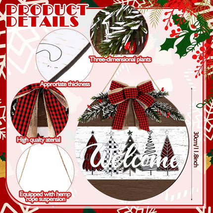 Boao Christmas Door Sign Merry Christmas Welcome Hanging Wall Sign for Front Door 11.8'' Round Xmas Tree Christmas Wreath Wooden Porch Sign with Bow Porch Farmhouse Home Wall Decor(Novel)