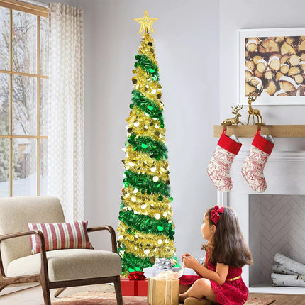 6FT Pop up Christmas Tree Collapsible Gold Green Tinsel Christmas Tree Slim Sequins Xmas Tree with Topper Star, Artificial Reusable Christmas Tree for Holiday Indoor Home Party Decor