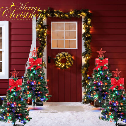 80LED Solar Christmas Tree Lights, 8 Modes Outdoor Christmas Tree Lights with Xmas Ball, Xmas Bell & Red Berry, Solar Powered Christmas Decorations for Outside Pathway Garden Yard Decor, 2PCS