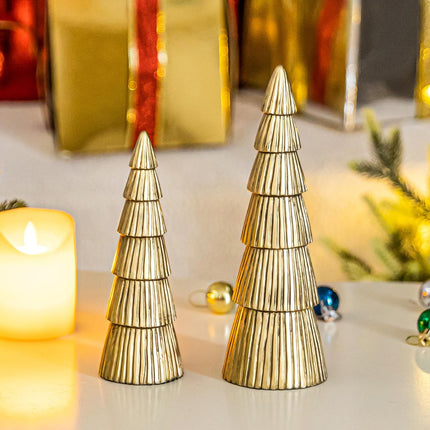 Christmas Tree Figurine, Table Top Small Gold Christmas Decorative Statues, Set of 2 Desk Centerpieces for Neutral Christmas Decor, Modern Mantle Christmas Decorations,