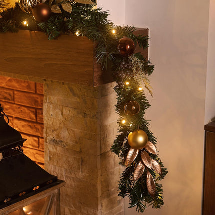 Valery Madelyn 9ft Pre-Lit Christmas Garland with Light for Mantle, Lighted Battery Operated Xmas Garland with Bronze Copper Gold Balls for Front Door Fireplace Table Centerpiece Outdoor Window Decor