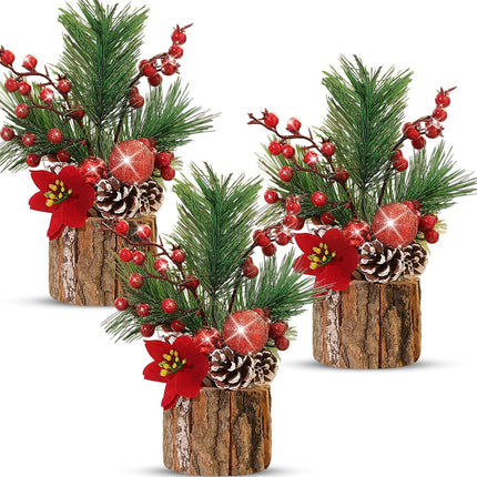 3 Pcs 11 Inch Christmas Tree Tabletop Artificial Mini Christmas Tree Decorations with Holiday Ornaments Pine Cone Red Berry Farmhouse Xmas Tree for Fireplace Home Indoor Decor(Poinsettia)