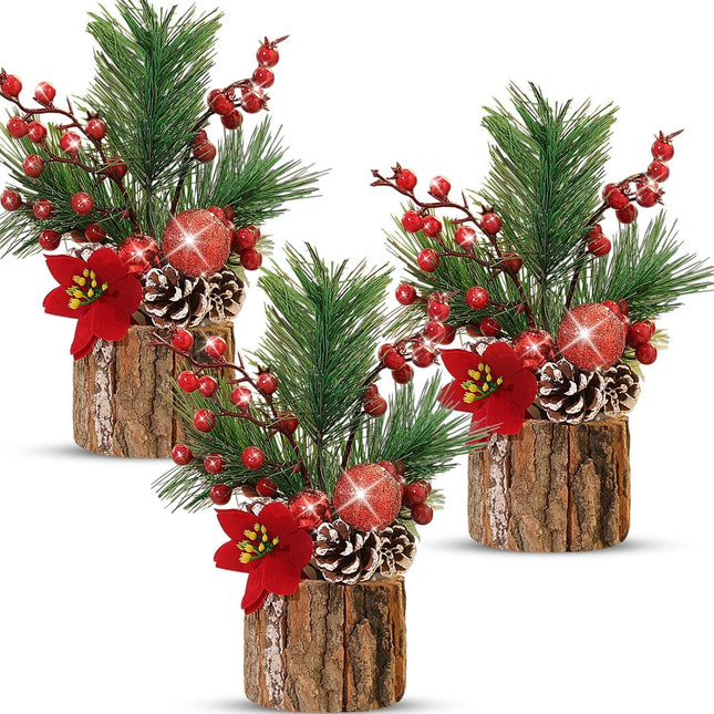 3 Pcs 11 Inch Christmas Tree Tabletop Artificial Mini Christmas Tree Decorations with Holiday Ornaments Pine Cone Red Berry Farmhouse Xmas Tree for Fireplace Home Indoor Decor(Poinsettia)