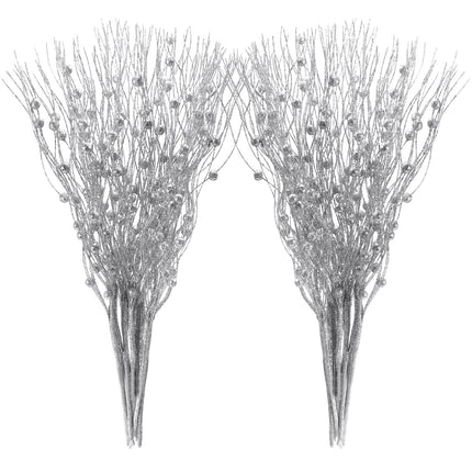 Yunsailing 20 Pcs Artificial Glitter Berry Stem Ornaments 17 Inch Fake Long Branch Tree Picks Flowers for Tall Vase Wedding Party Decoration(Silver)