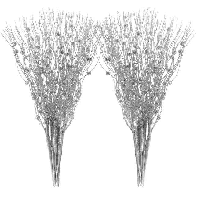 Yunsailing 20 Pcs Artificial Glitter Berry Stem Ornaments 17 Inch Fake Long Branch Tree Picks Flowers for Tall Vase Wedding Party Decoration(Silver)