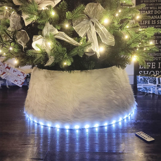 Christmas Tree Collar White Faux Fur/X-mas Tree Base Ring/Tree Bottom Cover/Tree Nest with LED Lights Dismountable for for Decoration Christmas Trees 26inch