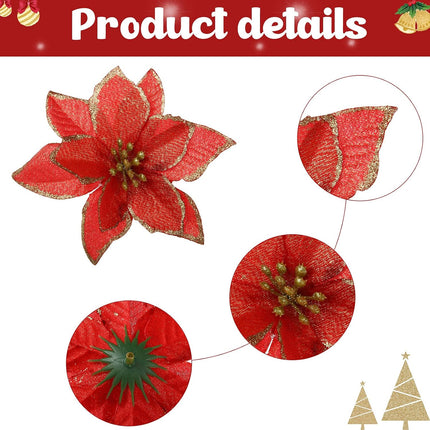 Waydress 36 Pieces Poinsettia Artificial Christmas Flowers for Christmas Tree Glitter Poinsettia Wedding Flowers with Clips for Christmas Wreath Decorations Party Floral Supplies