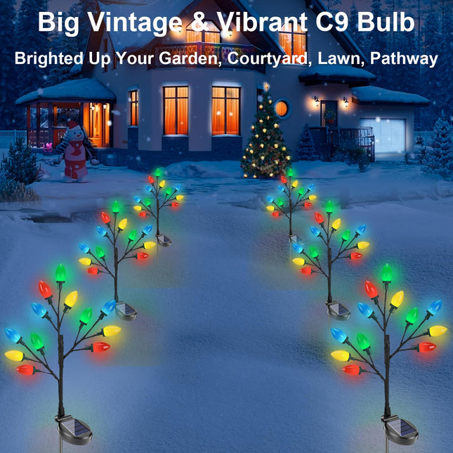 4 Pack 48 LED Solar C9 Christmas Lights, Outdoor Soalr Christmas Lights with 8 Modes, IP65 Waterproof Vintage Solar Pathway Lights for Christmas Outside Yard Path Garden Decorations, Multicolor