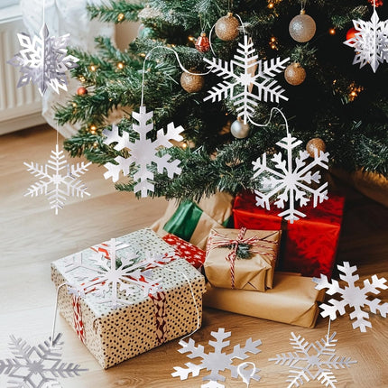 30pcs Paper Snowflakes Ornaments Decorations, 3D Silver Hanging Snowflake, Large Snowflake Garland for Christmas Decorations, Winter Wonderland Year Party Home Decorations