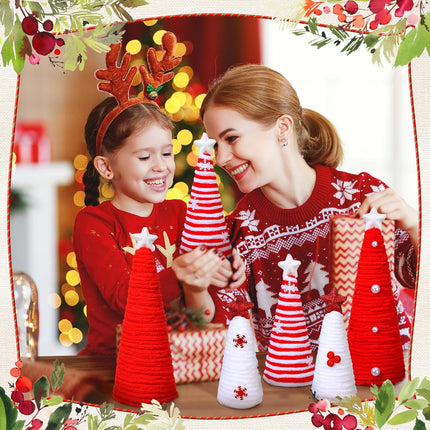 6 Pcs Christmas Table Decorations Mini Christmas Trees Yarn Trees Red and White Farmhouse Decor Tabletop Xmas Ornaments for Home Table Indoor Kitchen Room Holiday Tiered Tray
