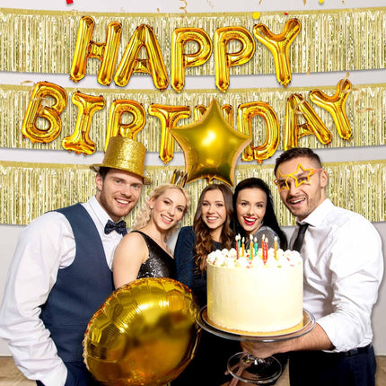 4 Pack 10 Ft Light Gold Foil Fringe Garland Metallic Streamers Tinsel Banner Wall Hanging Garland Backdrop for Parade Floats, Halloween, Christmas, Thanksgiving, Year Party Decorations