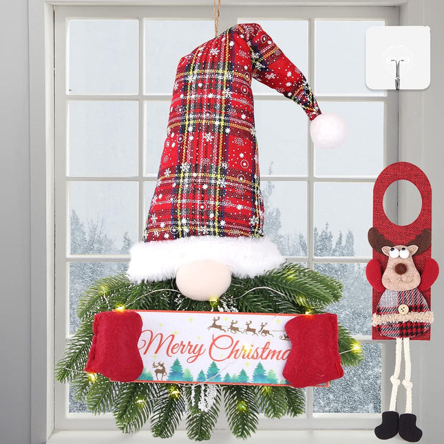 Christmas Gnome Wreath Decorations for Front Door - Santa Christmas Gnome Doorknor Hanging Ornaments with Pine Needle - Xmas Wall Decor Sign with Lights for Porch Window Home Indoor Outdoor