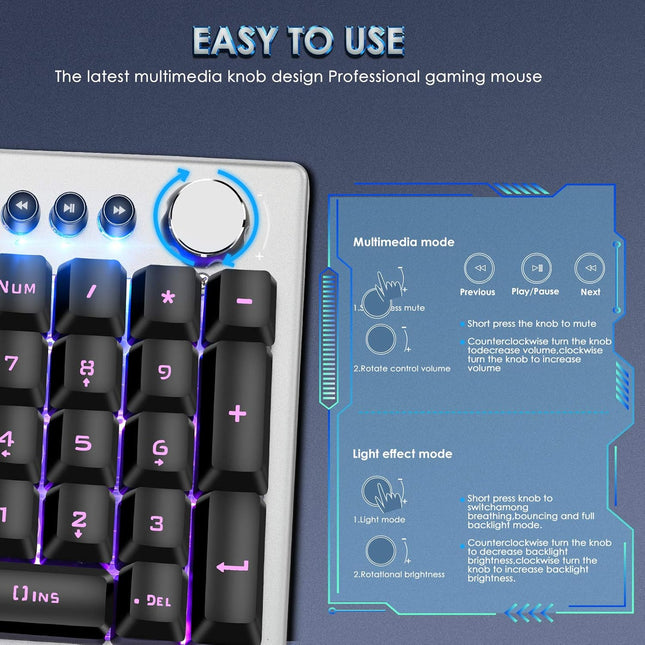 Beastron RGB Backlit Gaming Keyboard with Mouse Combo and Mouse pad, Multimedia Keyboard Knob,Mechanical Feel USB Wired Keyboard for Windows PC