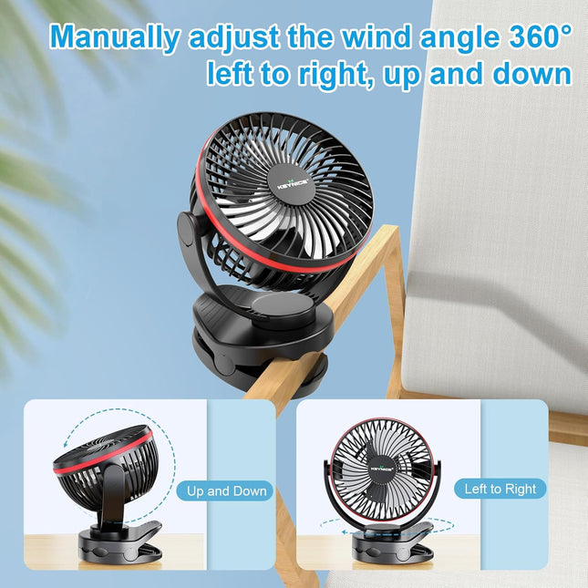 Keynice Battery Operated Fan With Hanging Hook, Portable Camping Fan With Night Light, 4 Speeds, Sturdy Clamp, 360° Rotation