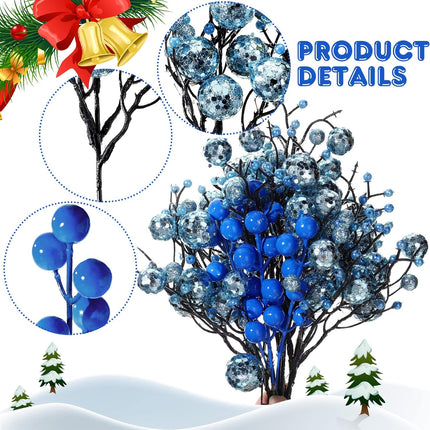30 Pieces Artificial Glitter Berries Stems Decorations Pick 11.8 Inch and 6.3 Inch Artificial Christmas Picks for Valentine's Day Christmas Tree DIY Wreath Crafts Holiday Decor (Light Blue)