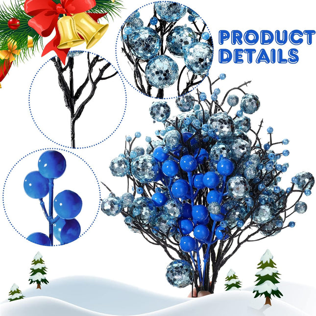 30 Pieces Artificial Glitter Berries Stems Decorations Pick 11.8 Inch and 6.3 Inch Artificial Christmas Picks for Valentine's Day Christmas Tree DIY Wreath Crafts Holiday Decor (Light Blue)