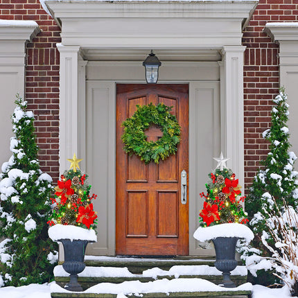 2 Pack 24.5 Inches Christmas Pathway Trees Outdoor Artificial Christmas Tree Urn Filler with 66 LED Lights Tree Topper Pine Cones Red Berries for Home Holiday Christmas Decor (White)
