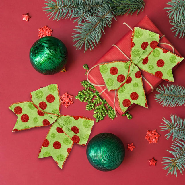 12PCS Christmas Bows Decoration Red Green Dot Christmas Ribbon Bows Christmas Wreaths Bows Ornaments for Winter Xmas Holiday Wedding Party Accessories (Green)