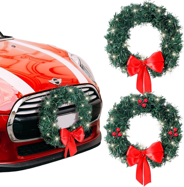 2 Pcs Christmas LED Car Wreath Lighted Artificial Christmas Wreath Outdoor Christmas Craft for Truck Door with Bow Berries for Vehicle Exterior Winter Holiday Decoration Ornament