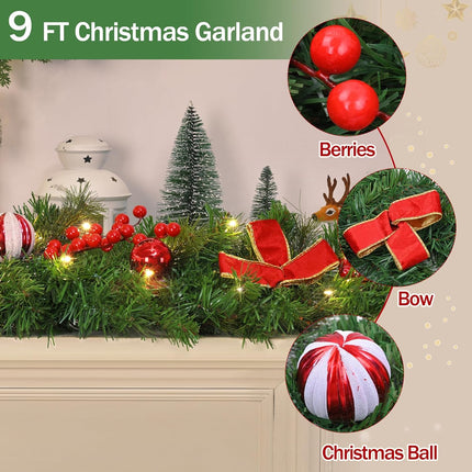 Dolicer 9 FT Artificial Christmas Garland, Christmas Garland with 50 LED Lights, Garlands for Decoration Christmas with Red Berries Christmas Balls Bowknots for Xmas Mantle Table Indoor Outdoor Decor