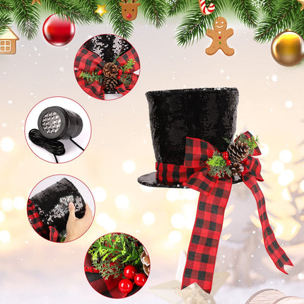 HOHOTIME Christmas Tree Topper Hat with Lighted Snowflaker, HOHOTIME Double-Sided Sequins Christmas Tree Topper with Buffalo Plaid Red Black Bow, Pine Cones and Red Berries for Xmas Tree Decorations