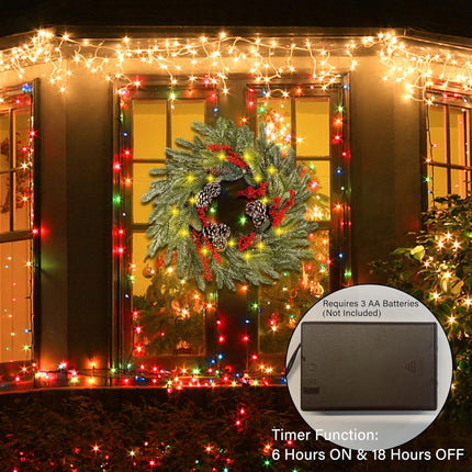winemana 24 Inch Pre-Lit Christmas Wreath with Hanger, Timer, Pine Cone and Red Berries, Battery-Operated 20 LED Lighted Artificial Wreath Decoration for Front Door Mantel Xmas Party