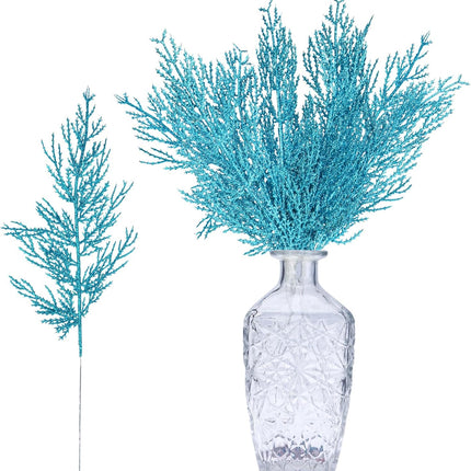 GREENTIME 12 Pack Artificial Blue Flat Glitter Pine Needles 13" Fake Christmas Picks Decorative Glitter Sticks for Vase Christmas Tree DIY Wreath Crafts Fireplace Decor