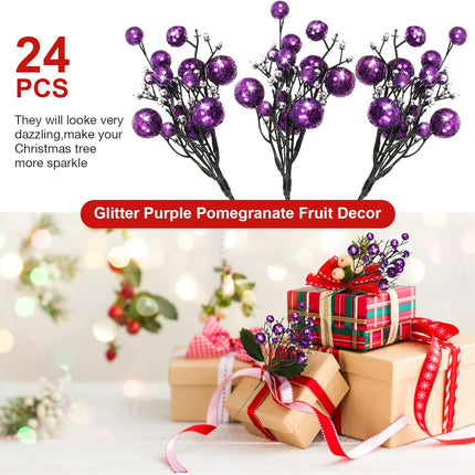 24 Pieces Christmas Glitter Berries Stems 10 Inch Christmas Berry Picks Artificial Glittered Berries Ornaments Floral Stems for Christmas Tree, Home Wreath, Party Decoration (Purple)