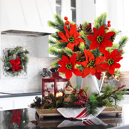 Uieke 4 PCS Artificial Christmas Picks Pine Branches with Red Berry Stems, 13.6'' Poinsettia Christmas Tree Picks Faux Evergreen Sprigs for Home DIY Wreath Craft Winter Festive Decor