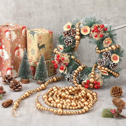 4 Pcs 72 ft Christmas Tree Wood Bead Garland Christmas Wooden Beads Garland Hanging Boho Xmas Decor Rustic Farmhouse Home Decor for Table Wall Holiday Mantel Ornaments (Gold)
