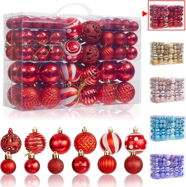 100Pcs Christmas Ball Ornaments Set, Assorted Shatterproof Christmas Tree Balls, Decorative Hanging Baubles Set for Holiday Weeding Party Home Decorations, Red