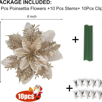 RECUTMS 10 Pcs Christmas Glitter Artificial Poinsettia Flowers 6inch Christmas Wreath Christmas Tree Flowers Ornaments Holiday Seasonal Decorations (Gold, 6inch)