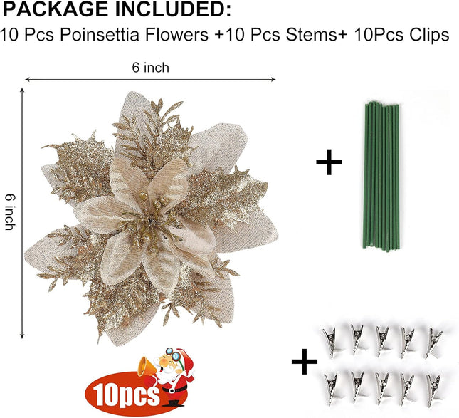 RECUTMS 10 Pcs Christmas Glitter Artificial Poinsettia Flowers 6inch Christmas Wreath Christmas Tree Flowers Ornaments Holiday Seasonal Decorations (Gold, 6inch)