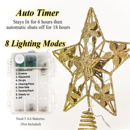 Glitter Gold Star Tree Topper, 3D Hollow Poinsettia Tree Toppers Christmas Decorations Battery Operated, Metal Christmas Tree Topper Star with Lights, Lighted Christmas Tree Star Topper