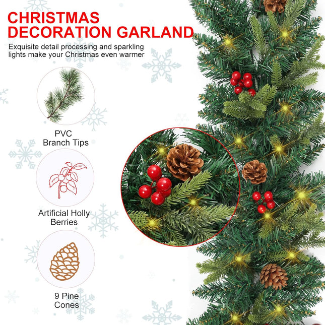 9 FT Christmas Garland with Lights，Battery Operated Lighted Garland with Pine Cones Red Berries Lush Branches，50 Warm White LED Lights，Christmas Decorations Indoor/Outdoor