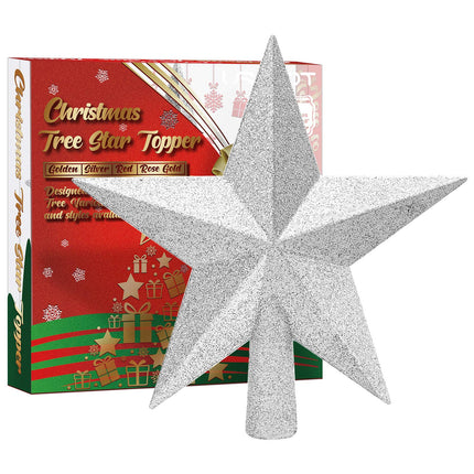 URATOT Glittered Christmas Star Tree Topper Christmas Decorative Holiday Treetop Shatterproof Star Ornament for Holiday Christmas Tree Decoration, Silver, 6 Inch