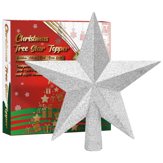 URATOT Glittered Christmas Star Tree Topper Christmas Decorative Holiday Treetop Shatterproof Star Ornament for Holiday Christmas Tree Decoration, Silver, 6 Inch