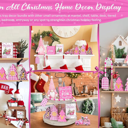 Pink Christmas Tiered Tray Decor 8 PCS Pink Christmas Decorations Indoor - Believe Christmas Wooden Signs & Pink Christmas Gnome Plush Set - Christmas Table Decor Tier for Home Kitchen Mantel