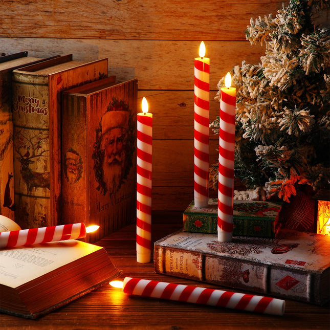 Retisee 24 Pieces Christmas Flameless Taper Candles Bulk Candy Cane Striped LED Candle Stick Battery Operated Taper Candles Flickering Candle Lights for Christmas Candles Decorations (Red and White)