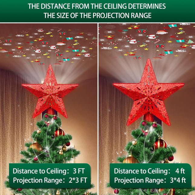 Christmas Tree Topper Lighted with 6 Projected Patterns -Christmas Star Tree Topper Built-Led Rotating Lights -3D Glitter Dynamic Projector for Indoor Xmas Year Holiday Party Decorations