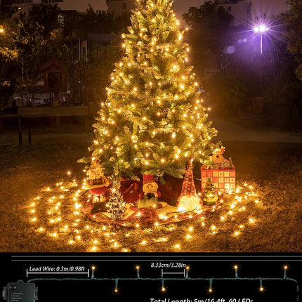2 Pack Each 16.4ft 60 LED Battery Operated Christmas Tree Lights Indoor Outdoor Cluster String Lights with Timer 8 Modes Dark Green Wire Fairy Light Xmas Patio Bedroom Garden Decorations (Warm White)