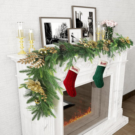 Norfolk Pine Garlands with Gold Flowers, 6Ft Artificial Christmas Pine Garland, Real Touch Greenery Garland for Table, Mantle, Staires, Premium Indoor/Outdoor Christmas Decorations.