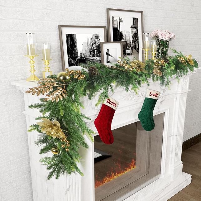 Norfolk Pine Garlands with Gold Flowers, 6Ft Artificial Christmas Pine Garland, Real Touch Greenery Garland for Table, Mantle, Staires, Premium Indoor/Outdoor Christmas Decorations.