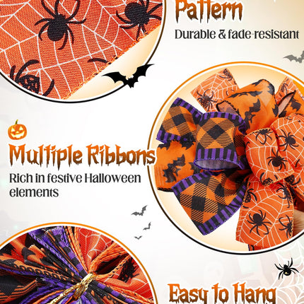 Large Halloween Tree Topper Bow - Christmas Tree Decor Bow with 3 Various Ribbons, Hanging Halloween Tree Ornaments with Ties for Home Front Door Stair Holiday Party, Orange