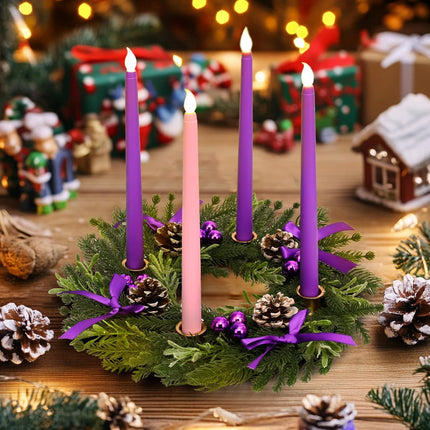 Dolicer 13.5 Inch Christmas Advent Wreath Candle Holder, Cone Purple Bow Christmas Wreath Advent 4 Candle Holders for Xmas Centerpiece Decor Winter Holidays Home Decor