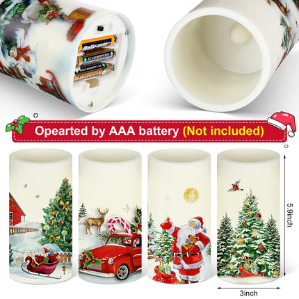 4 Pieces Christmas Flameless Candles Snowman Santa LED Pillar Candles Red Truck Reindeer Christmas Decal Battery Operated Candles White Warm Light for Xmas Tree Winter Holiday Party Decoration