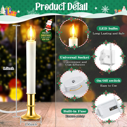 Meonum Set of 6 Christmas Electric Window Candles with Stability Gold Plated Base, 0.6 Watt LED Bulb, Suction Cups, and Plug in Design with On/off Switch Suitable for Home, Xmas, and Holiday Parties