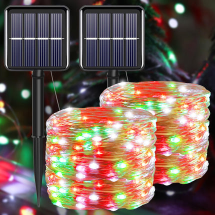 Solar Christmas String Lights Outdoor Waterproof, Red White Green Fairy Lights, IP67 2PACK Total 200LED 66FT with 8Modes, Outside Christmas Decorations Lights for Tree, Garden, Patio, Fence, Balcony