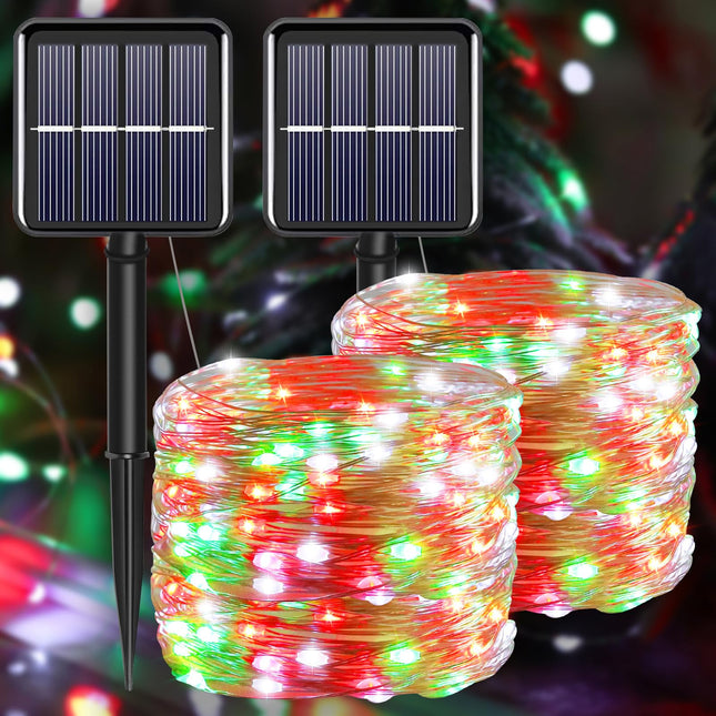 Solar Christmas String Lights Outdoor Waterproof, Red White Green Fairy Lights, IP67 2PACK Total 200LED 66FT with 8Modes, Outside Christmas Decorations Lights for Tree, Garden, Patio, Fence, Balcony
