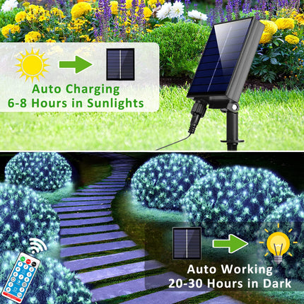 11.5 ft x 5 ft Solar Net Lights, Outdoor Mesh Lights 240 LED Waterproof 8 Mode with Remote String Lights for Bushes Trees Garden Wall Patio Christmas Indoor Decor (Cool White)